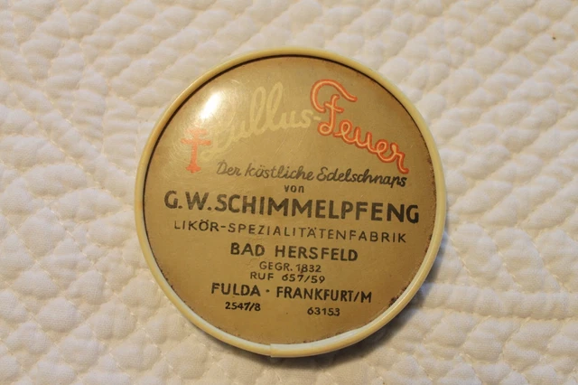 Taschenspiegel / Pocket Mirror Reklame Celluliod Feuer Edelschnaps