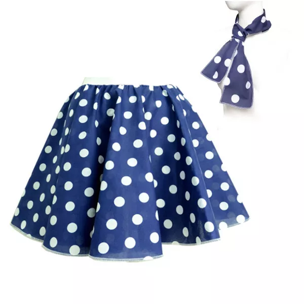 GIRLS POLKA DOT ROCK AND ROLL 50s 60s SKIRT FREE SCARF FANCY DRESS COSTUME