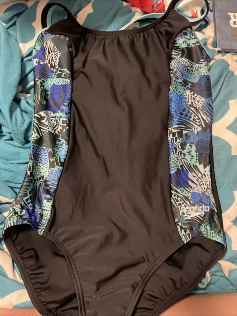 NEW SPEEDO WOMENS BLACK / Blue LADIES RACER ONE PIECE SWIMWEAR SIZE 12