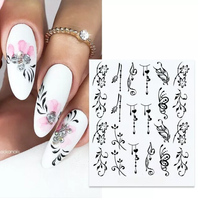 Nail Art Wasseraufkleber Aufkleber Transfers schwarz Wassereffekt Blumen Blumen Blumen (X13)