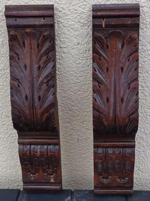 12" Pair French Antique Carved Medallions Oak Wood Trim Salvage