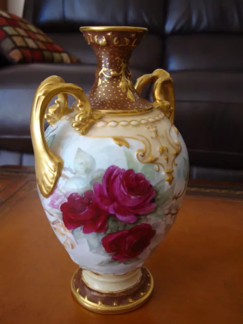 ANTIQUE LIMOGES D&Co  HAND PAINTED SIGNED VASE, ROSES and GOLD, 9 1/2"