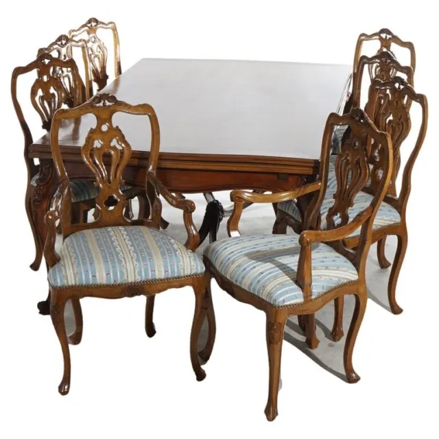 Antique French Carved Walnut Draw-top Dining Set with Table & Eight Chairs C1930