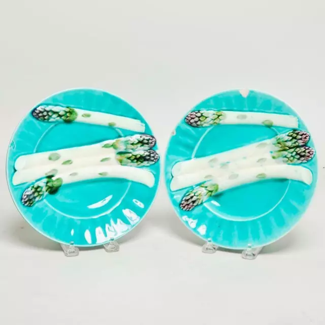 Old French Depose KG Luneville Asparagus Majolica Ceramic Serving Plates Pair 2