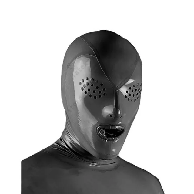 Latex Hood Grey Rubber Mask with Eyes Honeycomb Opening and Mouth Sheath Catsuit