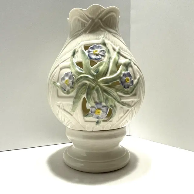 Belleek Floral Cross Hurricane Lamp Tea Light Votive Candle Holder Pierced Globe 2
