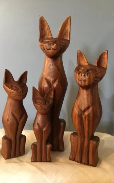Vntg MCM Wood Cat Statue Hand Carved Figurine 12” Solid Wood Folk Art Sculpture