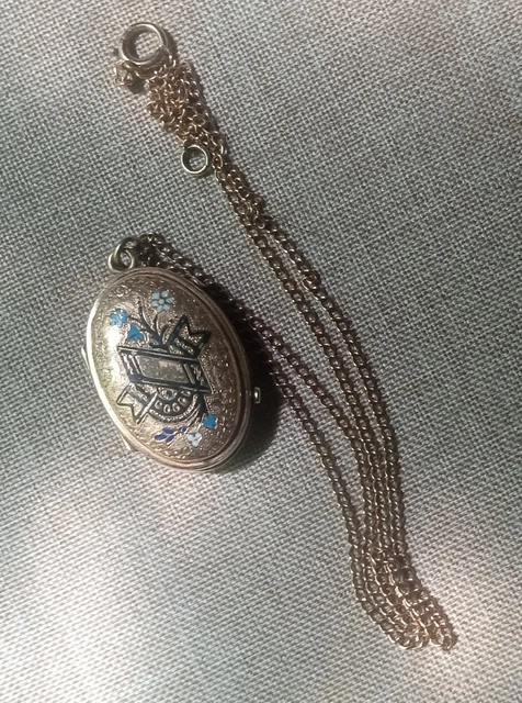 Antique Victorian 14k GF Enamel Flower, Banner Picture Mourning Locket Necklace Antique Victorian 14k GF Enamel Flower, Banner Picture Mourning Locket Necklace