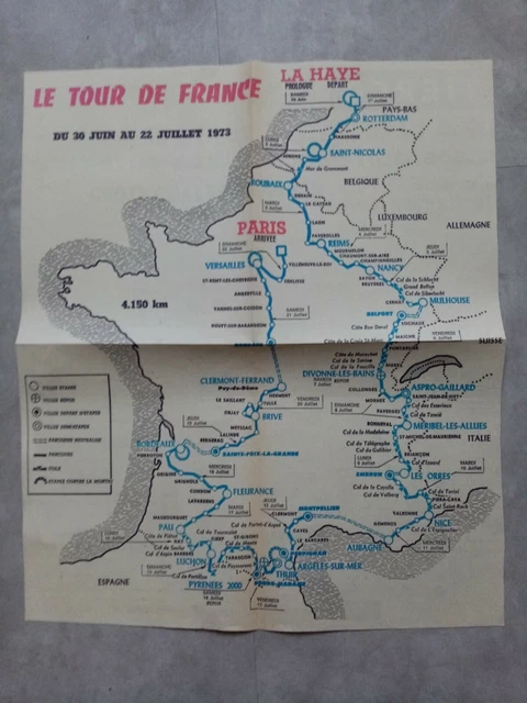 Vieille Carte Du Tour De France 1973 – L'itinéraire Complet De La Grande Boucle, Super état, Fabriquée En France