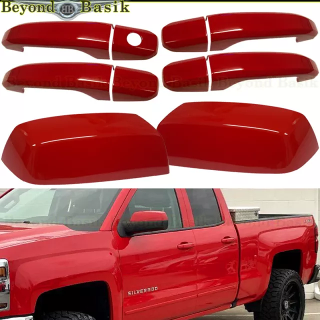 2014-2018 Chevy Silverado Door Handle COVERS+TopHalf Mirrors WA9260 VICTORY RED