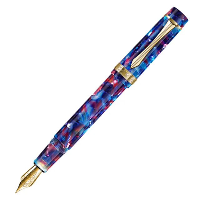 LIY Blue Marble Resin Fountain Pen Schmidt Fine Nib Gold Trim Writing Gift Pen