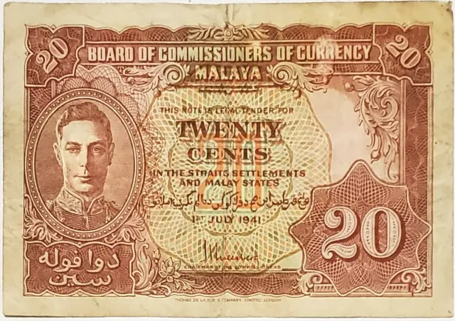 Malaya 20 cents 1941 Banknote King George VI Pick #9a