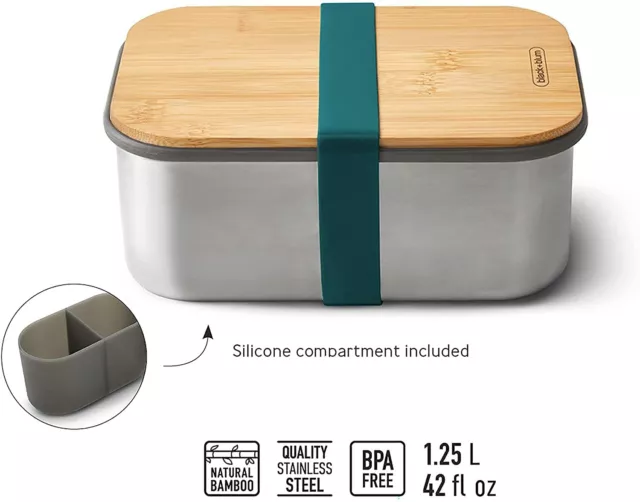 Stainless Steel Sandwich Box with Bamboo Lid - Black and Blum - Large (1.25 L)