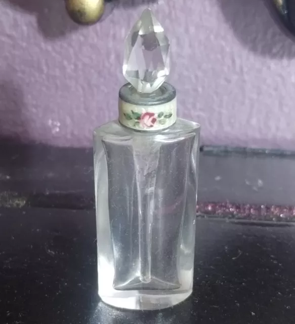 Antique Guilloche Enamel Cut Crystal Rose Miniature Perfume Bottle