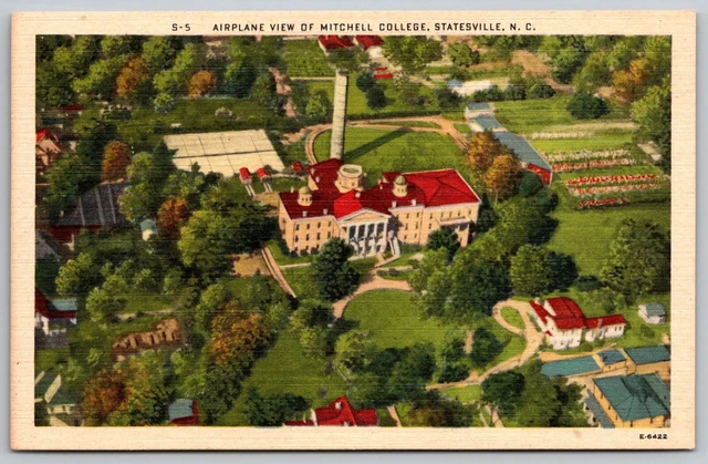 Vintage Linen Postcard - Airplane View Mitchell College Statesville NC Unposted