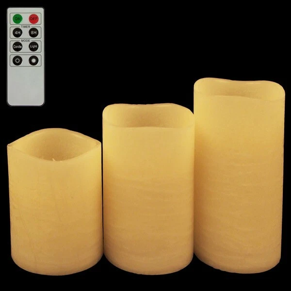 Lot De 3 Bougies LED En Cire Véritable - Flamme Vacillante, Télécommande Et Minuterie, Couleur Vert Sauge