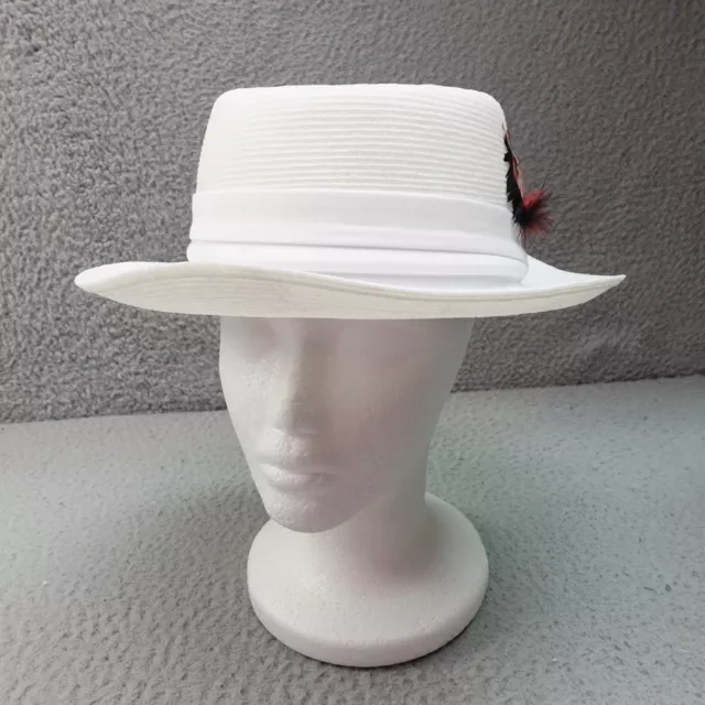 CAPAS White Straw Pork-Pie Hat Feather Large Fedora Made in USA