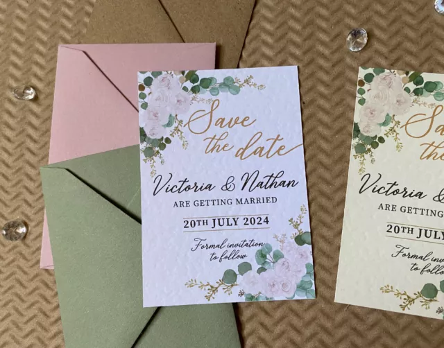 10 Luxury SAVE the DATE blush pink rose Eucalyptus WEDDING invite cards greenery