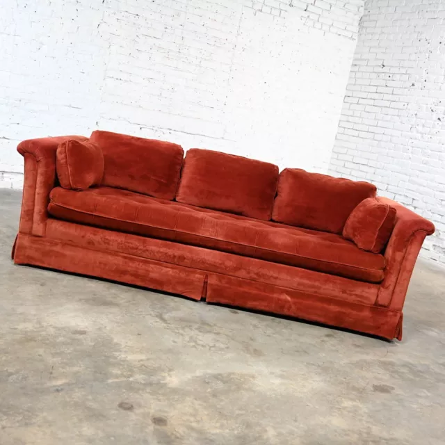 1970 Modern Orange Chenille Tuxedo Sofa Rolled Arms Stratford Division Futorian