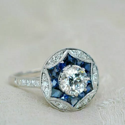 Art Deco Style 2.50 Ct Lab Created Diamond & Sapphire Engagement 925 Silver Ring