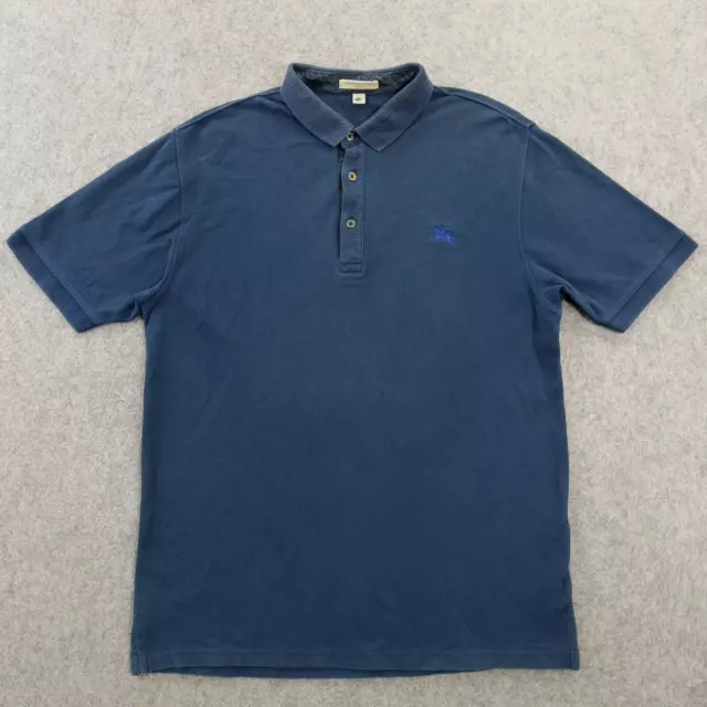 Burberry Polo Shirt Mens Medium Blue Logo Short Sleeve Pique Cotton