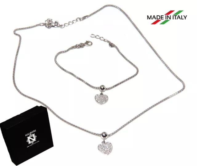 Bracciale o collana tutto argento 925 cuore pavè di zirconi maglia popcorn donna