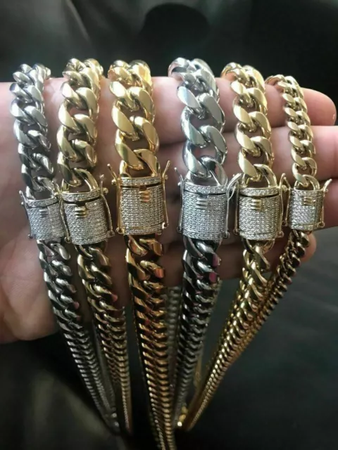 Cadena De Cubano Miami Cierre Diamante Acero Inoxidable Oro 14k 18k Para Hombre 2