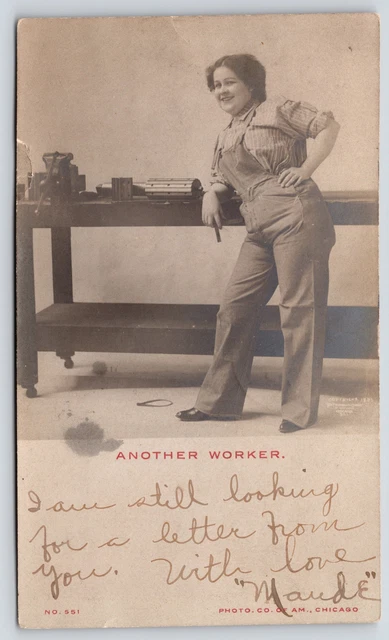 Chicago Illinois Publ~Gal w/Bib Overalls@ Workstation~Gear & Vice Grip~RPPC~1906