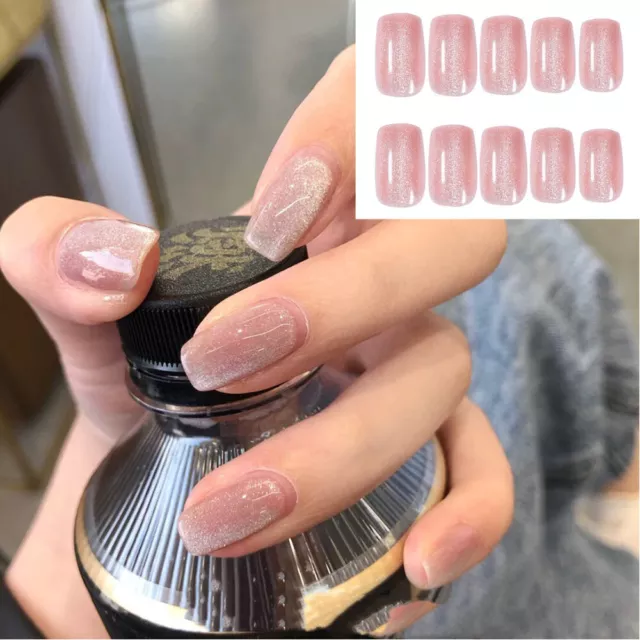 24pcs False Nails Crystal Cat Eye Powder Wearable False waterproof Nail Art DIY