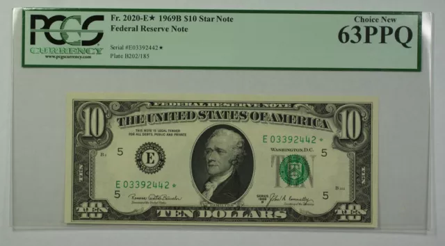 1969B $10 Bill *STAR* Federal Reserve Note FRN PCGS 63PPQ Fr. 2020-E (B)