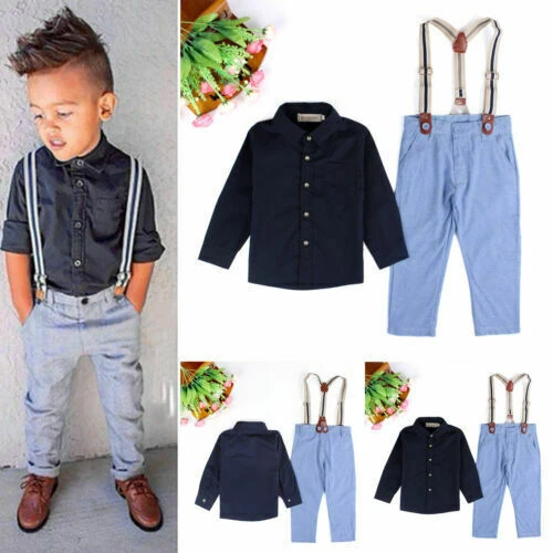 Boys Party Outfits Set Handsone Dress Shirt Top + Suspender Pants Formal Suits