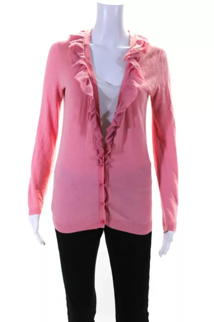 J Crew Womens Button Front V Neck Ruffled Cardigan Sweater Pink Cotton Small