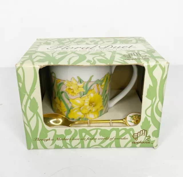 Mothers Love Applause Coffee Mug & Spoon Vintage 1985 24k Gold Plated Daffodils