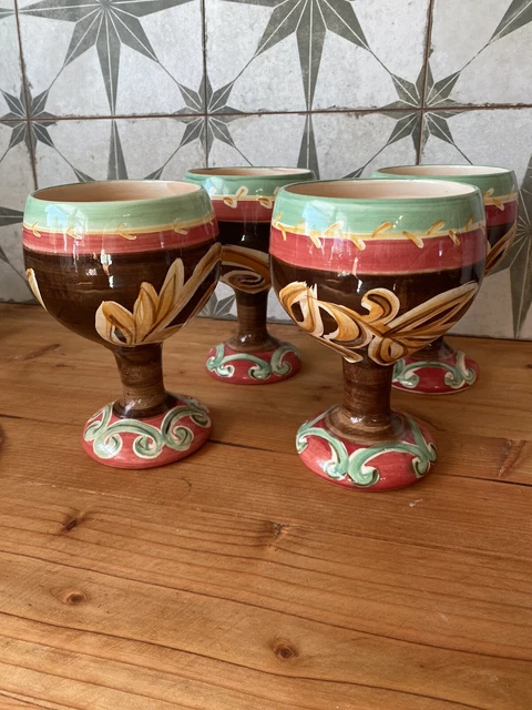 4 7" Vicki Carroll Sil Vous Plait Gold Scrolls Green Trim Wine/Water Goblets