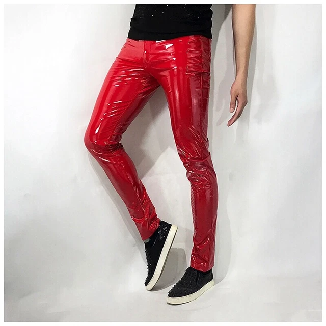 Genérico Pantalon pour homme en cuir PU avec effet mouillé, devant