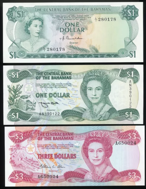 (3) Bahamas, Central Bank Of Notes $1, $1, $3 Picks 35a, 43b, 44a Crisp Uncs!