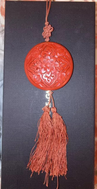 Vintage Hand Carved Red CINNABAR Flower Medallion Chinese Pendant Necklace