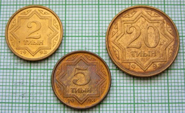 Kazakhstan 1993 3 Coins Set - 2, 5, 20, Tyin, One Year Type Unc