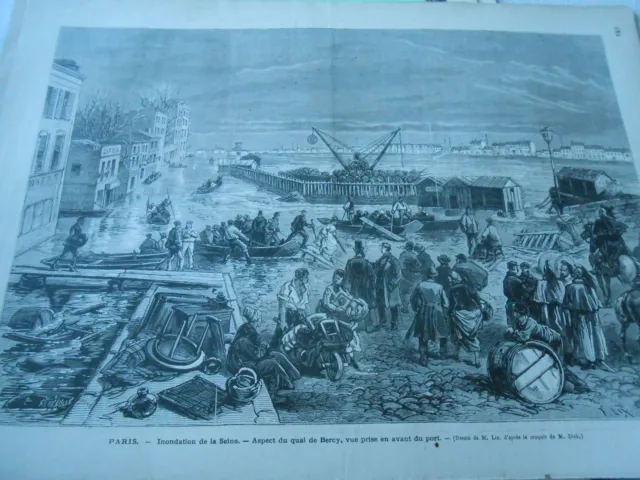 Gravure 1876 - Inondation de la Seine Aspect du Quai de Bercy
