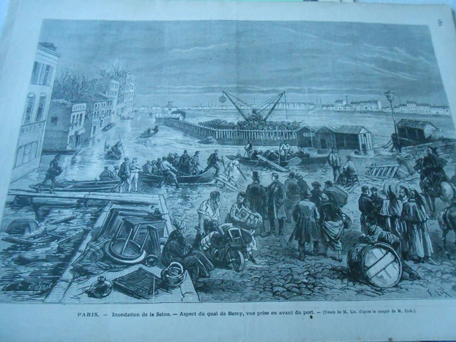 Gravure 1876 - Inondation de la Seine Aspect du Quai de Bercy