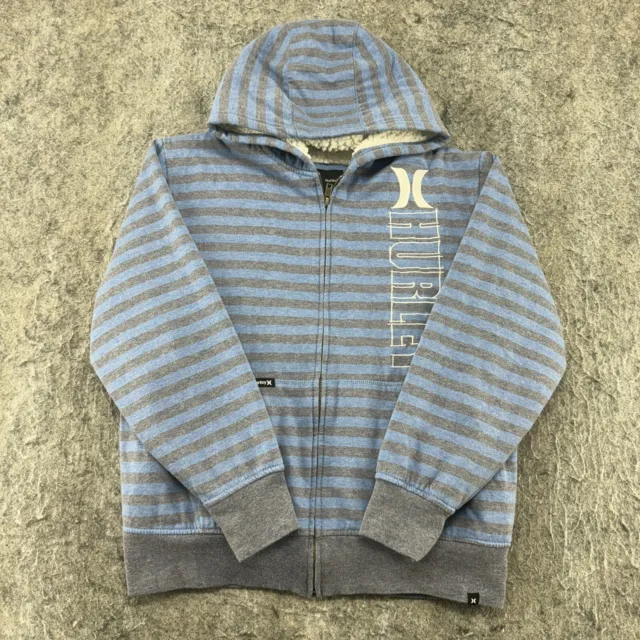 Hurley Sweater Boys L Blue Striped Full Zip Logo Sherpa Lined Hoodie Sweatshirt