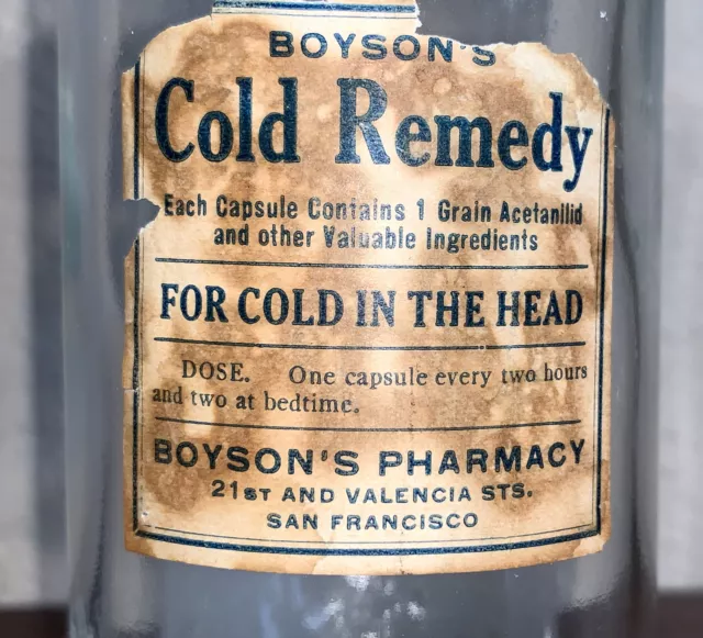 Vintage Bottle BOYSON’S COLD REMEDY San Francisco Pharmacy