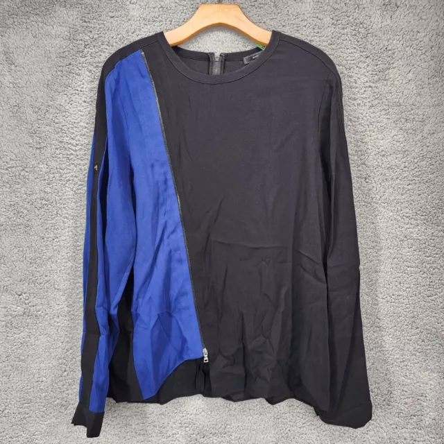 BCBGMAXAZRIA Carie Women's Size Large Black/Blue Long Sleeve Zip Blouse Top