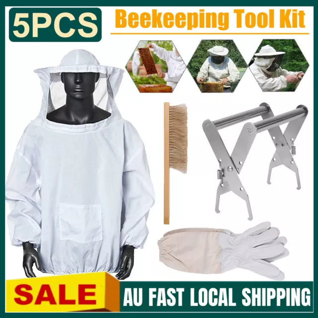 Beekeeping Veil Suit Smock+Gloves+Hive KIT Equipment Frame Holder+Bee Brush Tool