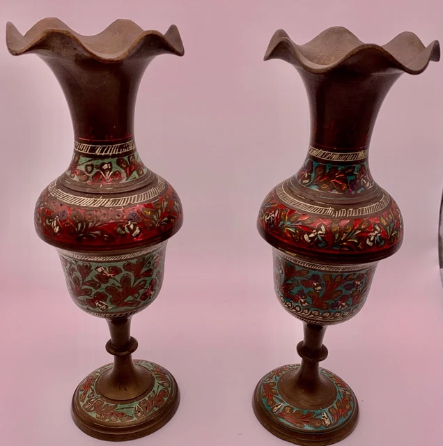 2 Vintage Harilela India Brass Etched Stamped Vase Inlaid Teals Reds Patina
