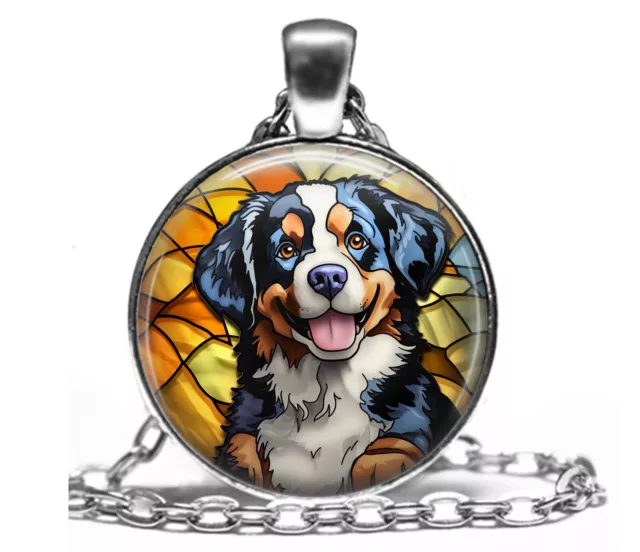 Faux Stained Glass Bernese Mountain Dog Mom Lover Gift Pendant Necklace 24"