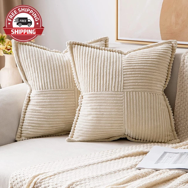 Corduroy Pillow Covers with Splicing Set of 2 Super Soft Boho Striped Pillow Cov