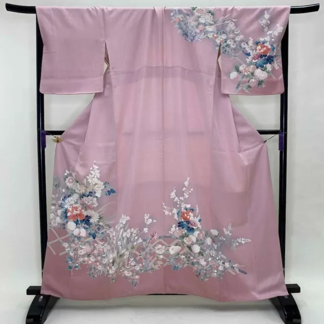 Japanese Kimono "HOUMONGI" Silk L size C rank pink kimono 1380