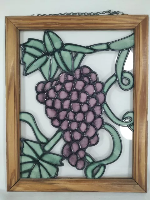 Stained Glass Window Wall Hanging Panel Cluster Of Grapes On Vine Handmade 12x15
