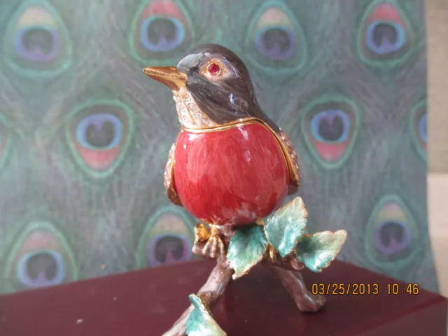Robin~ Enamel & Bejeweled Trinket Box  #4019 3